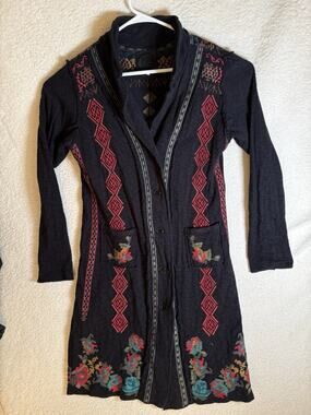 Biya Johnny Was Duster Cardigan Large Floral Embroidered Bohemian Open READ